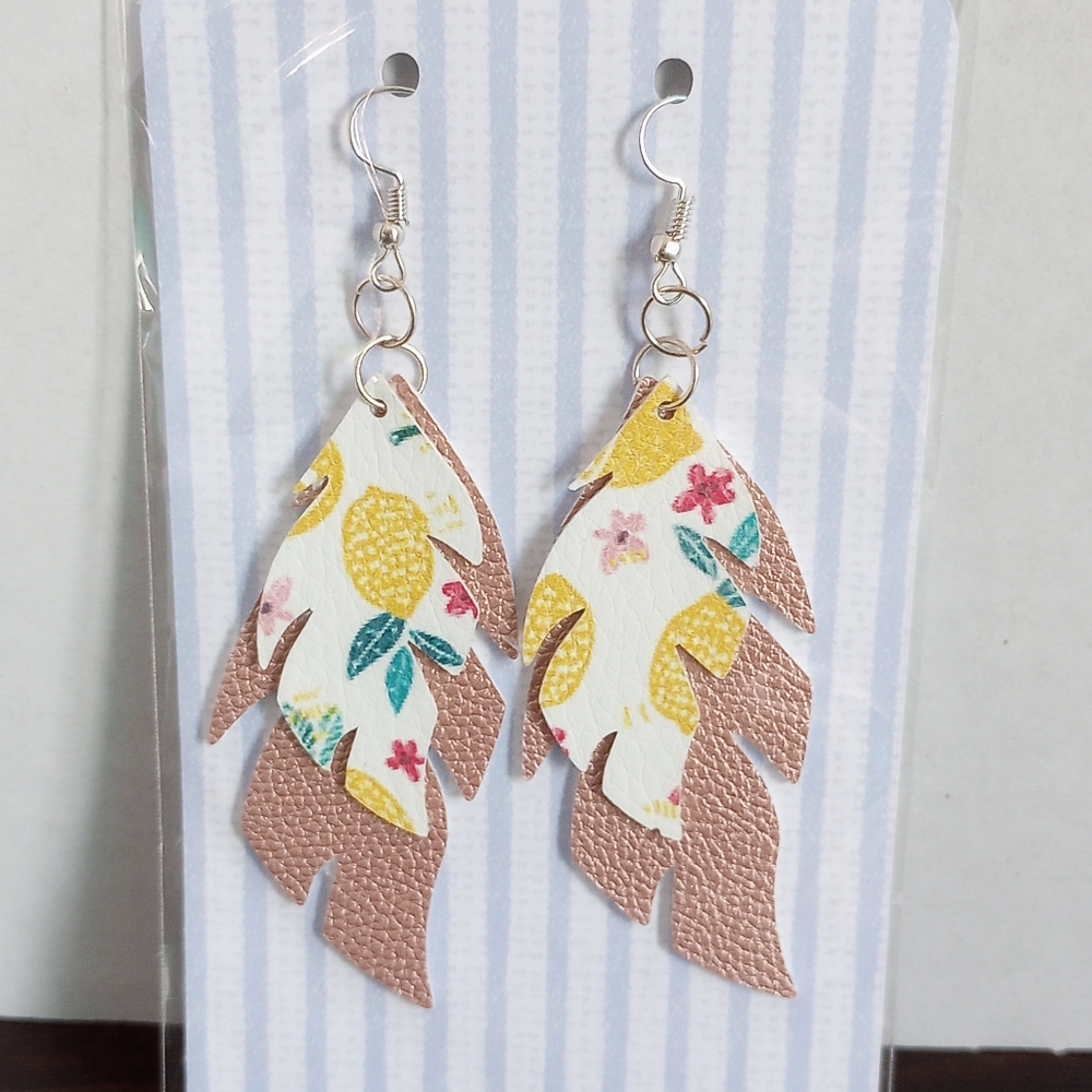 Lemon Feather Faux Leather‎ Handcrafted New Earrings
